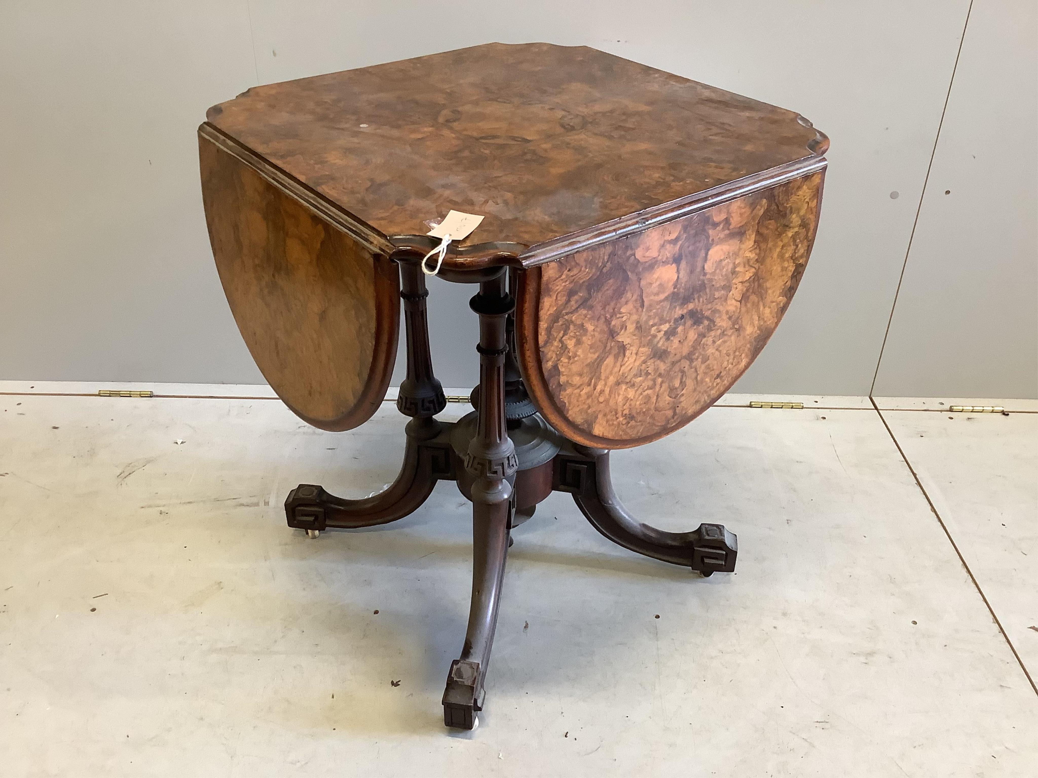 A Victorian burr walnut drop flap centre table, width 64cm, height 73cm. Condition - fair to good